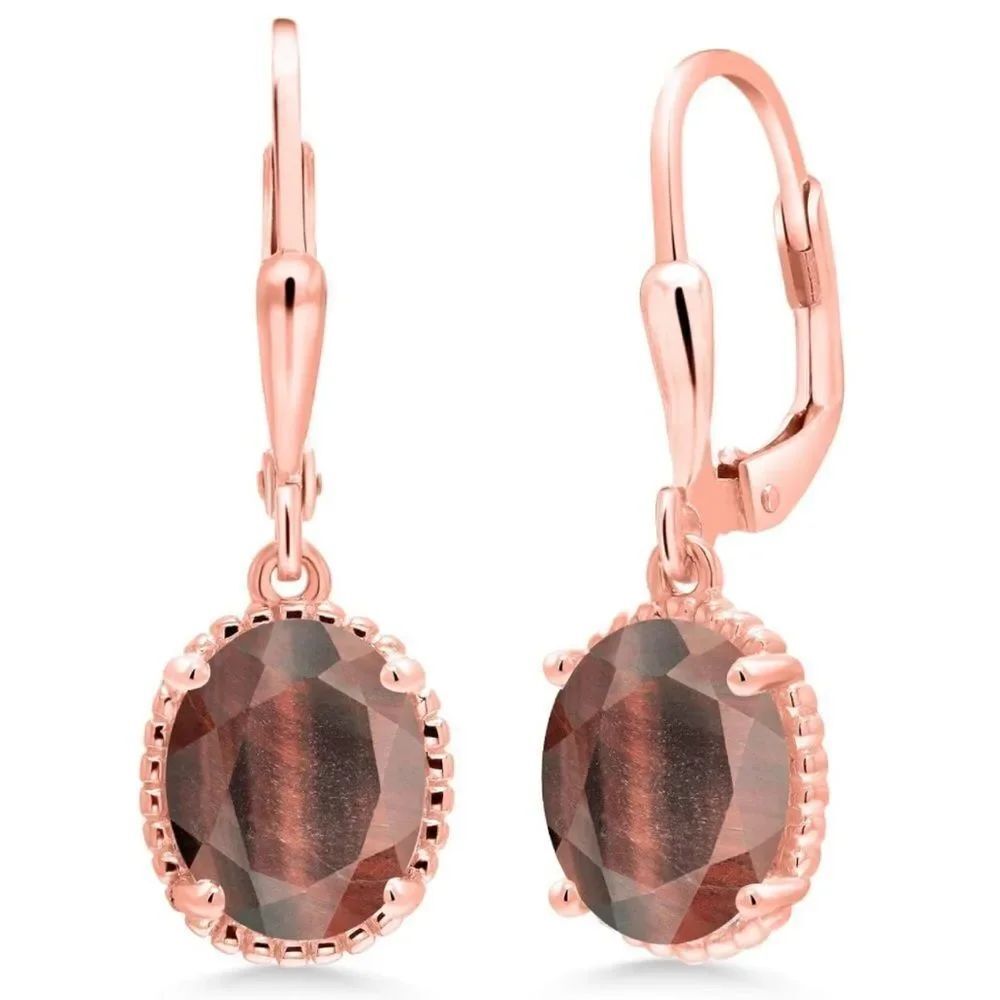 18K Rose Gold 925 with 3.00 Cttw Red Tiger Eye Oval Leverback Hook Earrings